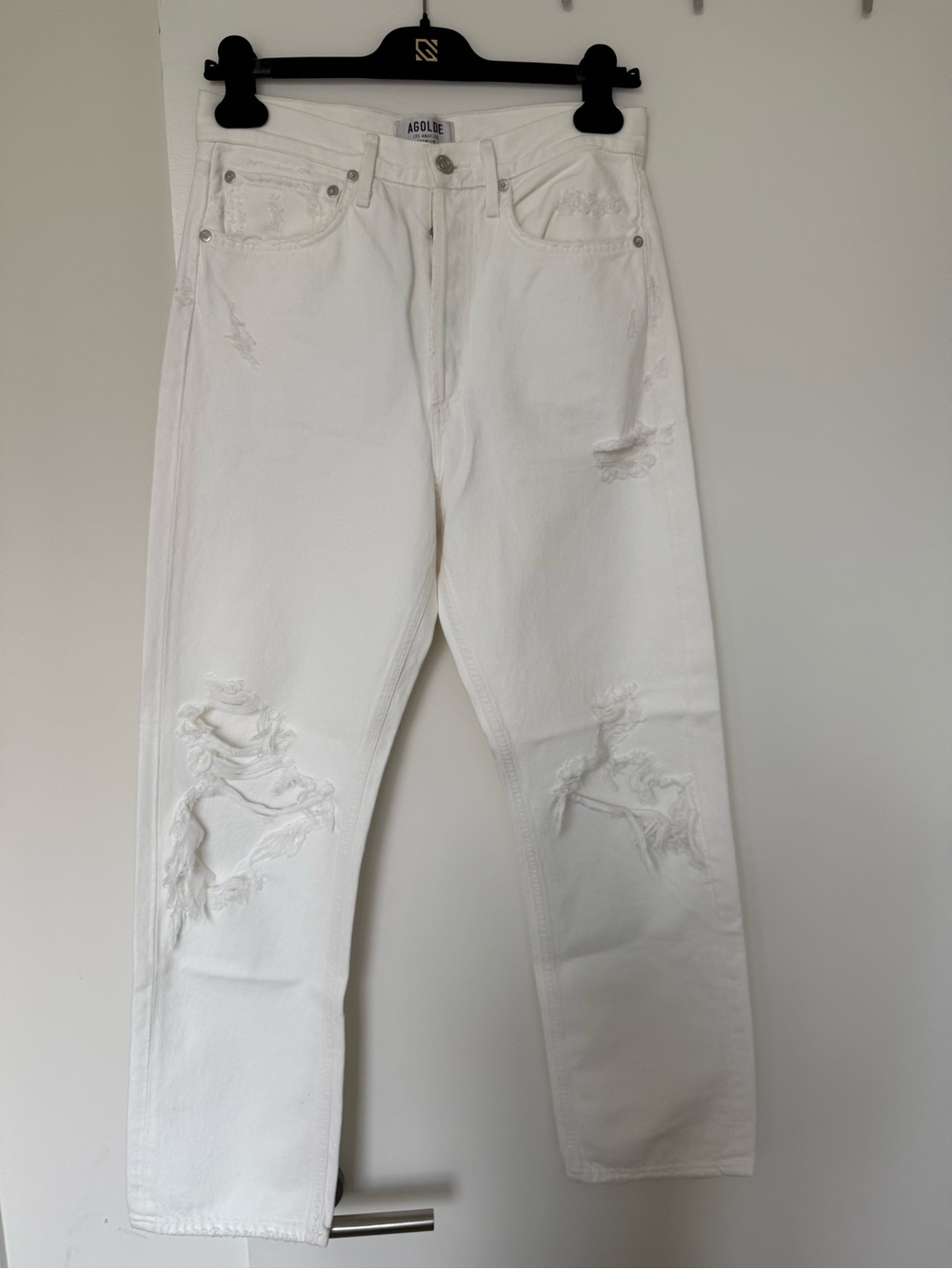 Agolde White Distressed Straight Boyfriend Jeans